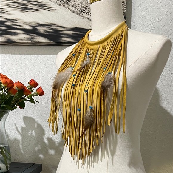 Natural Leather Fringe Necklace with Feathers and Turquoise Beads - Picture 3 of 7